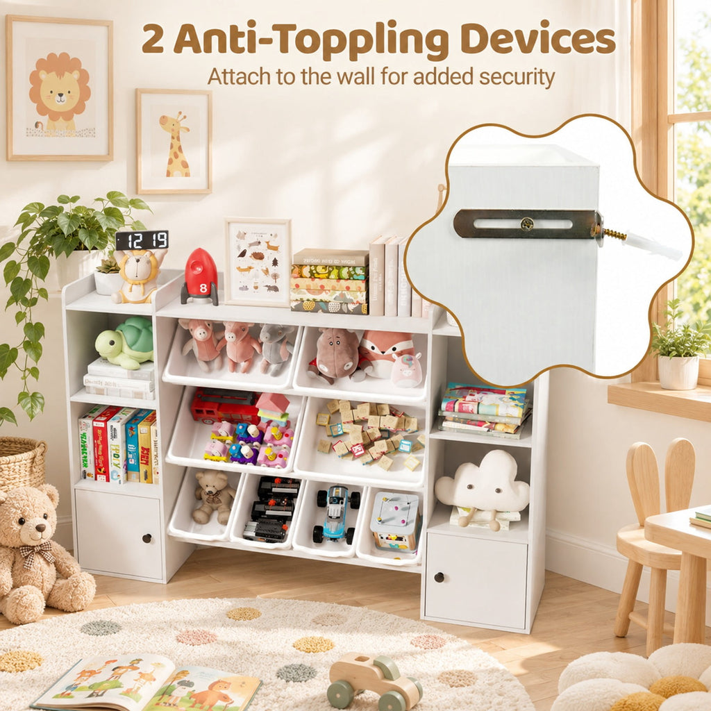 Airfind Kids Toy Storage and Bookshelf with Boxes and Open Shelves, 385 lbs Capacity, Engineered Wood Frame, for 3+ Years Old Total, White