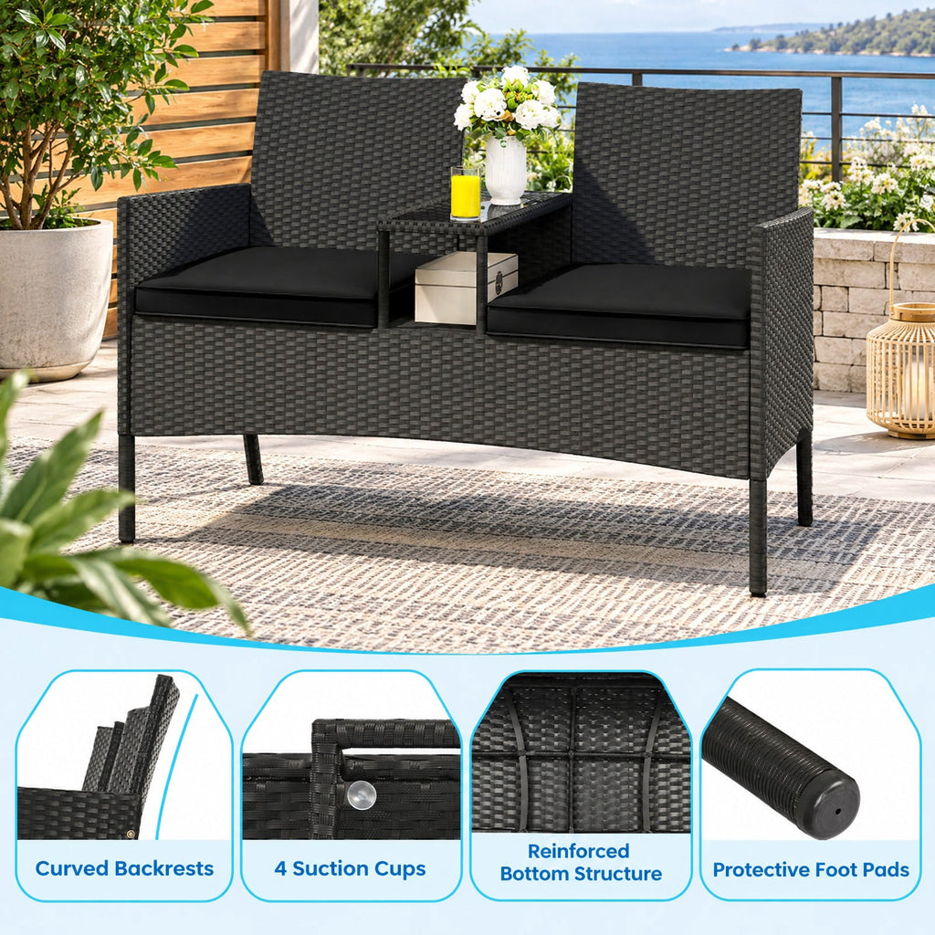 Airfind Patio Loveseat with Built-in Table for Backyard Porch, 400 lbs Capacity, PE Rattan Metal Polyester Sponge Tempered Glass Frame, Black
