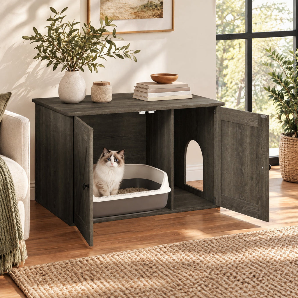 Airfind Hidden Cat Litter Box Enclosure Furniture with Divider, Oak, Large tabletop for plants decorations or storage, Oak/White, for Easy Setup