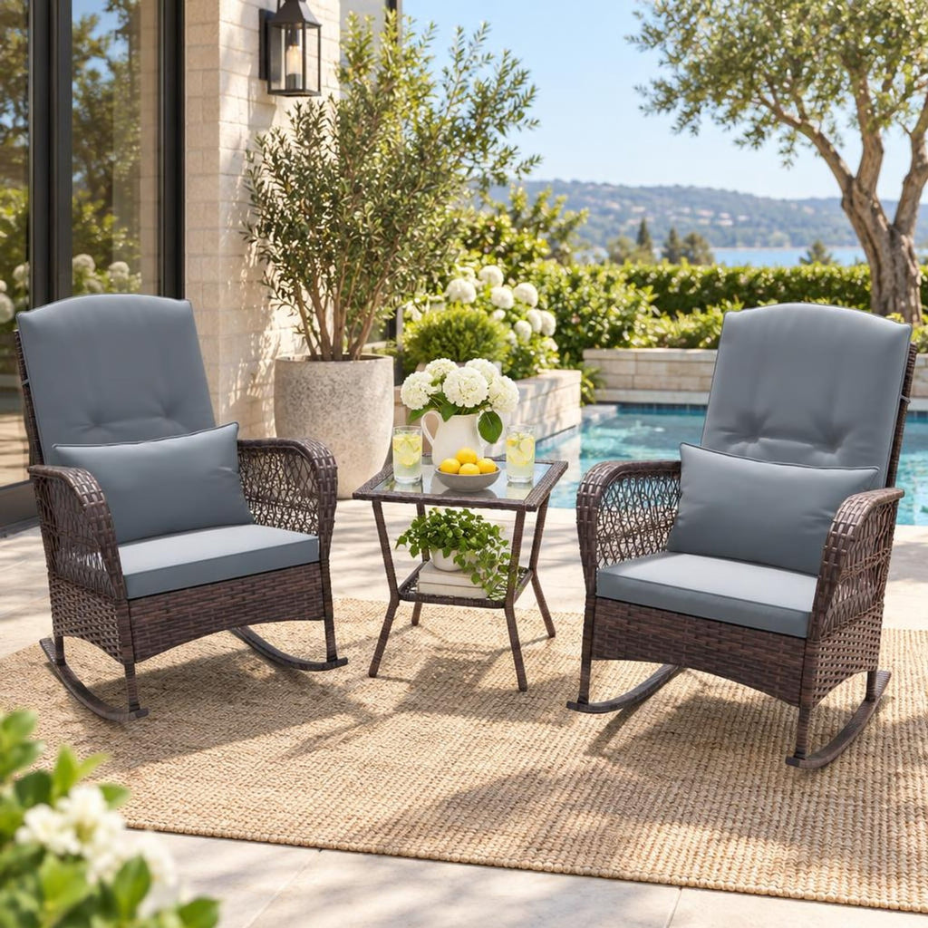 Airfind 3 Pieces Rocking Bistro Set with 2-Tier Coffee Table, PE Rattan Metal Tempered Glass Polyester Sponge Frame, 34 Inch x 26.5 Inch x 37 Inch Footprint