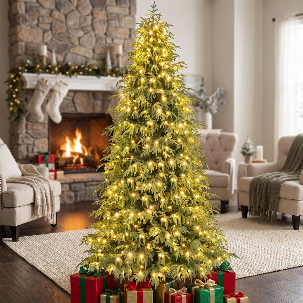 Airfind 7/7.5/8 Feet Pre-Lit Artificial Christmas Tree Hinged Faux Xmas Tree with Soft Branch Tips-8 feet, TPE PVC Metal Frame, 4 x 7 ft Footprint