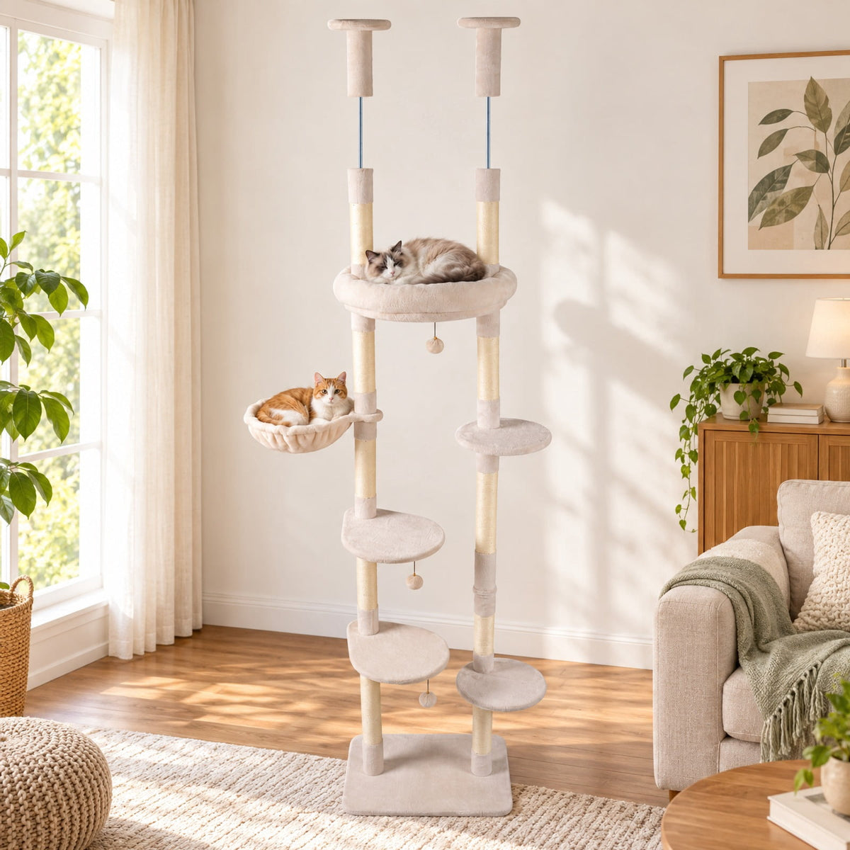Airfind 6-tier Floor to Ceiling Cat Tree with Plush Bed and Sisal Scratching Posts, 33 kg Capacity, Plywood Plush Metal Sisal Rope Frame, Grey