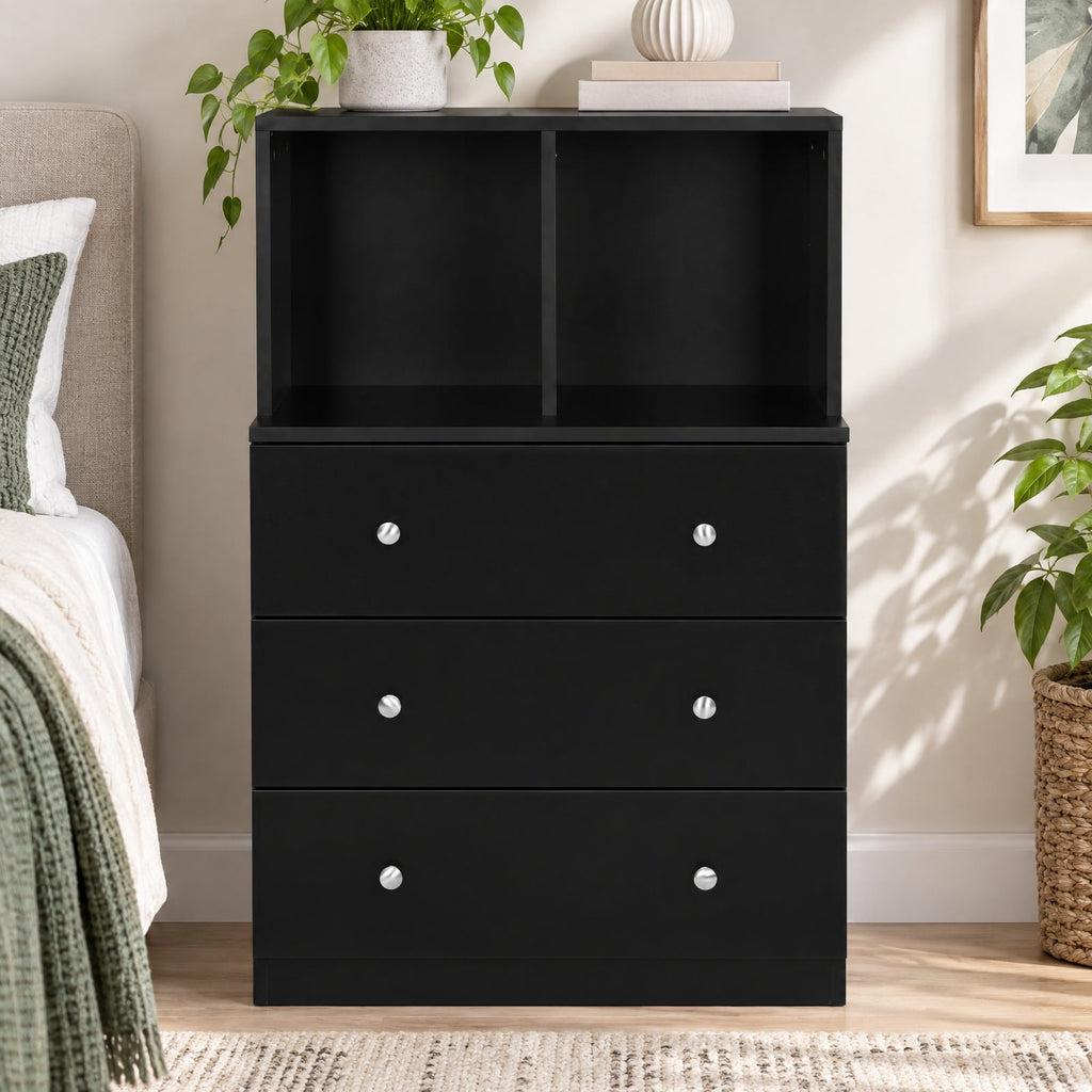 Airfind 3 Drawer Dresser with Cubbies Storage Chest for Bedroom Living Room, Engineered wood metal Frame, 24in x 16in x 37in Footprint, Black
