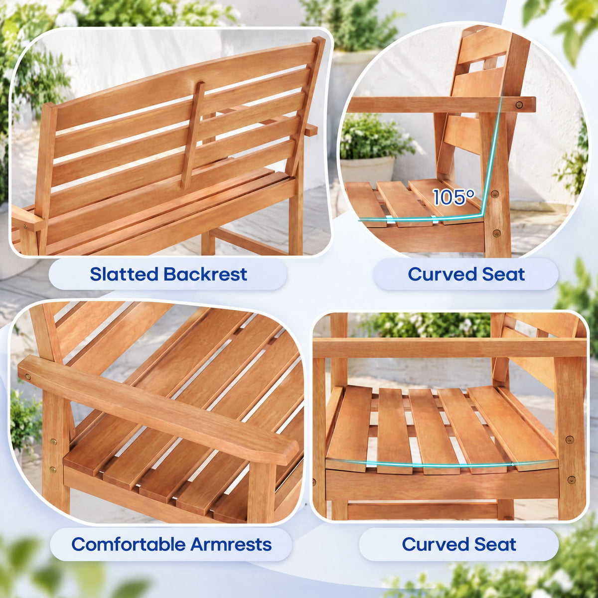 Airfind Outdoor Wooden Bench for 2 People with Curved Seat, Slatted Back and Armrests, 530 lbs Capacity for Porch and Patio, Natural