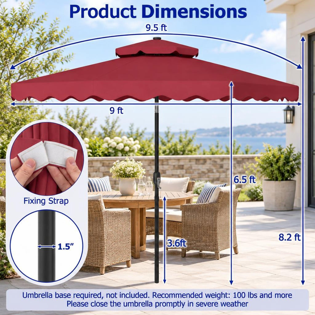 Airfind 9 FT Solar LED Patio Umbrella Push-Button Tilt and Crank 24 LED Lights and 8 Ribs, Polyester Fabric Metal Frame, 9 x 8.2 ft Footprint, Red