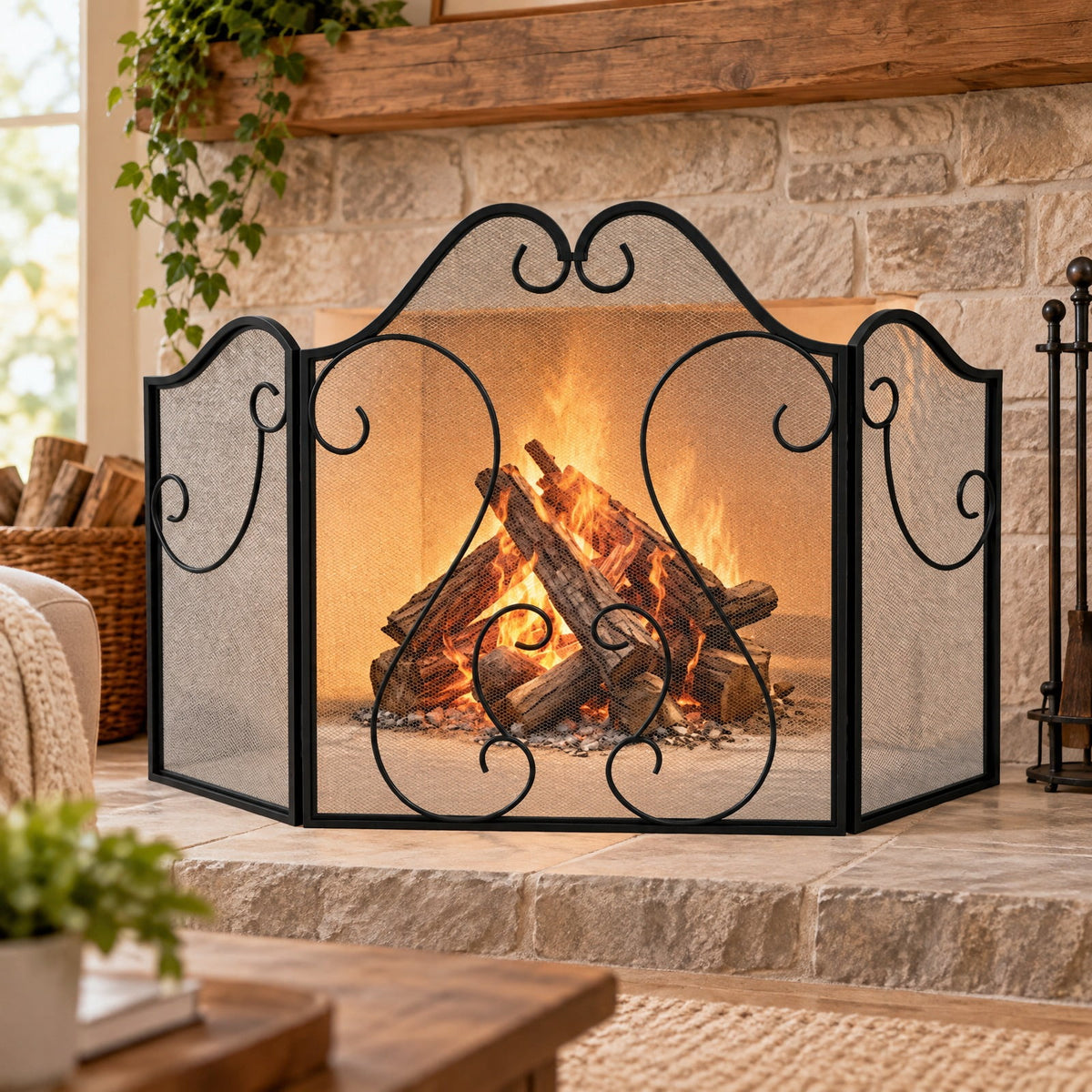 Airfind 3 Panel Fireplace Screen Foldable Spark Guard Cover with Decorative Scroll, Metal Frame, 40 × 24 Footprint, Black