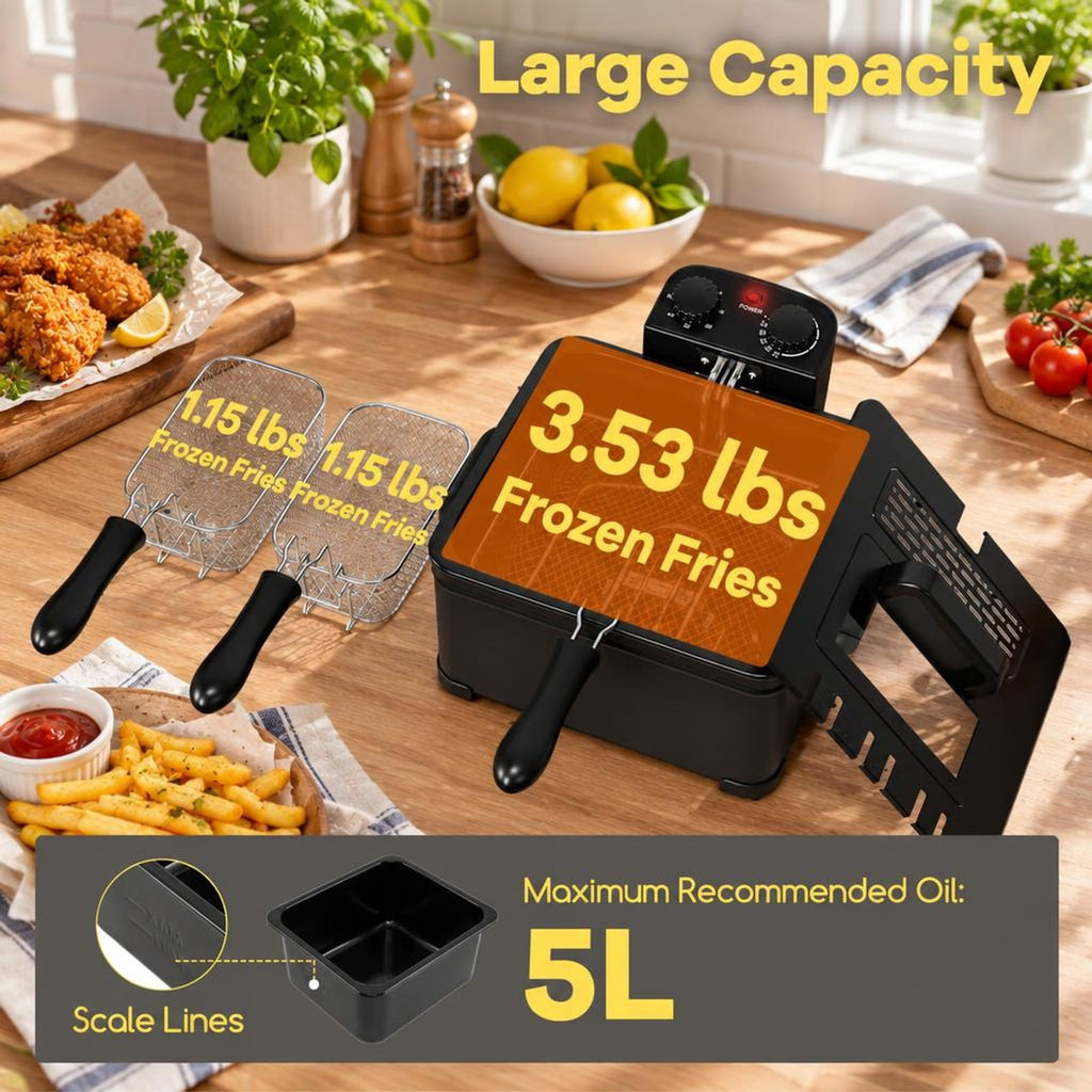 Airfind Electric Deep Fryer 5.3QT/21-Cup Stainless Steel 1700W featuring Triple Basket, Stainless Steel Iron Frame, 12 Inch x 11 Inch x 8.5 Inch Footprint, Black