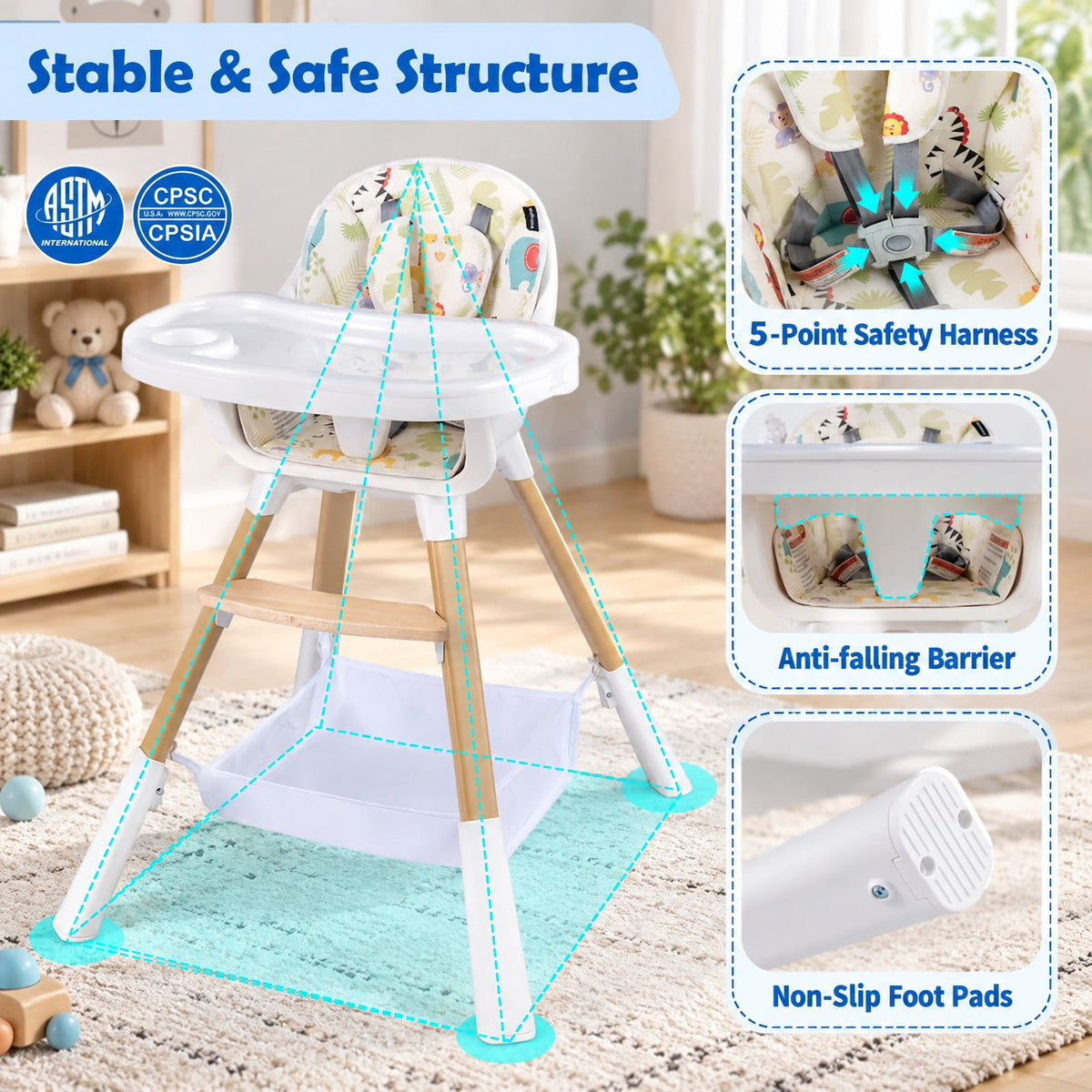 Airfind 4-in-1 Convertible Youth High Chair, 33 lbs Capacity, Metal Frame, Suitable for Ages 6 Months to 3 Years, Colorful