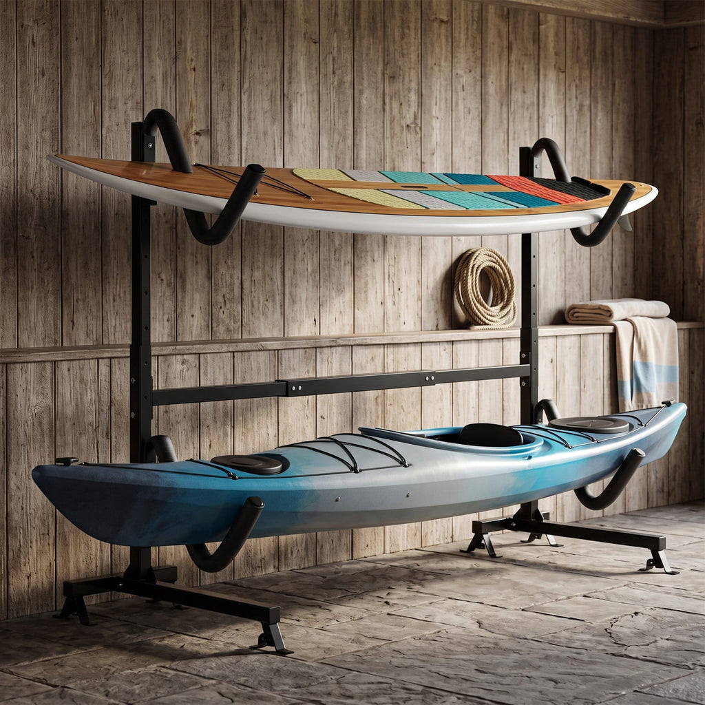 Airfind Freestanding Height Adjustable Dual Kayak Storage Rack with 6 Height Settings for Garage Boat House and Dock, Black