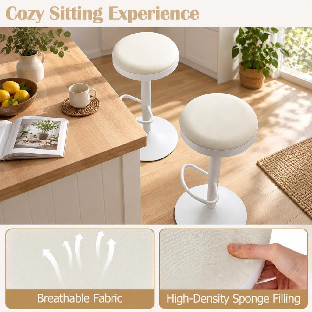 Airfind Set of 2 Kitchen Bar Stools with Height Adjustment Padded Seat and D-Shaped Footrest, 330 lbs Capacity, Metal Sponge Fabric Frame, White