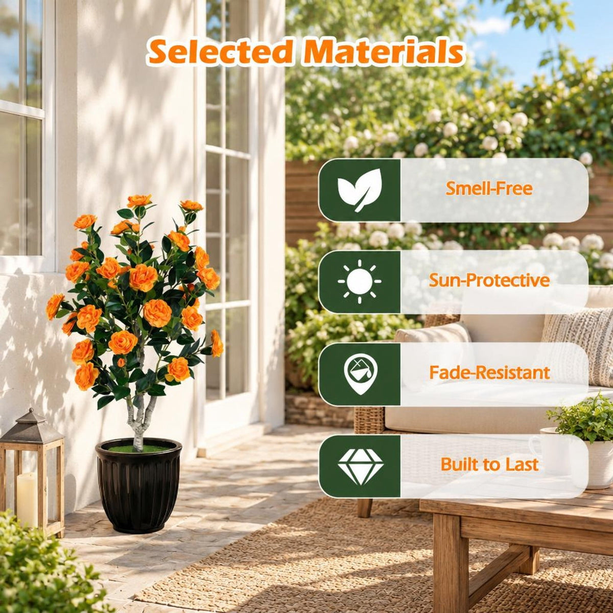 Airfind Set of 2 39.5 Artificial Camellia Tree with Orange Blossoms in Cement Pot for Decoration, Orange
