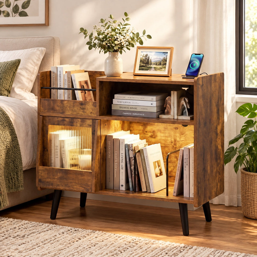 Airfind Record Player Stand with LED Light and Power Outlets, 66 lbs Capacity, Model JV14100US-CF