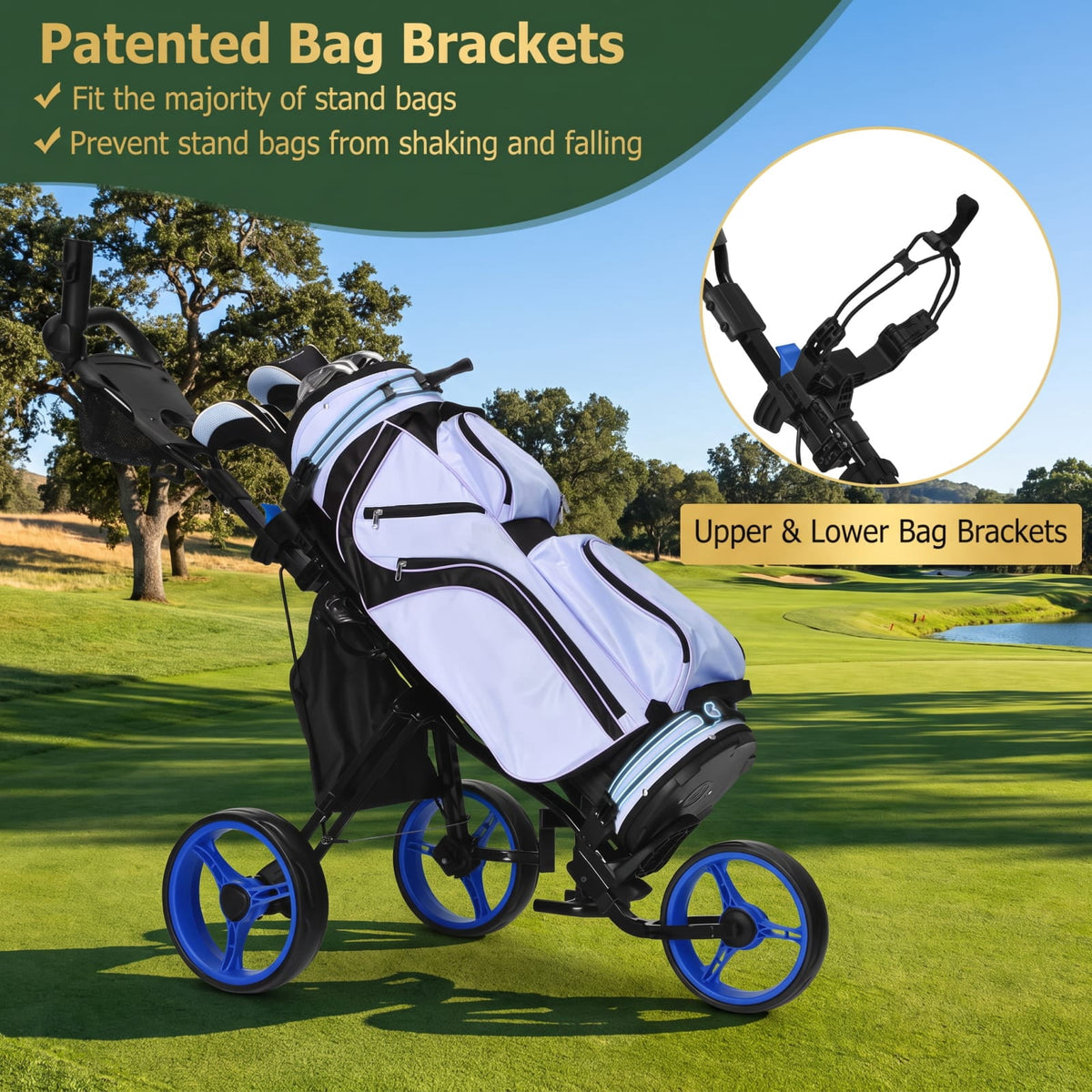 Airfind 3 Wheel Folding Golf Push Cart with Cushioned Seat and Scoreboard and Adjustable Handle and Quick Brake for the Course, Blue