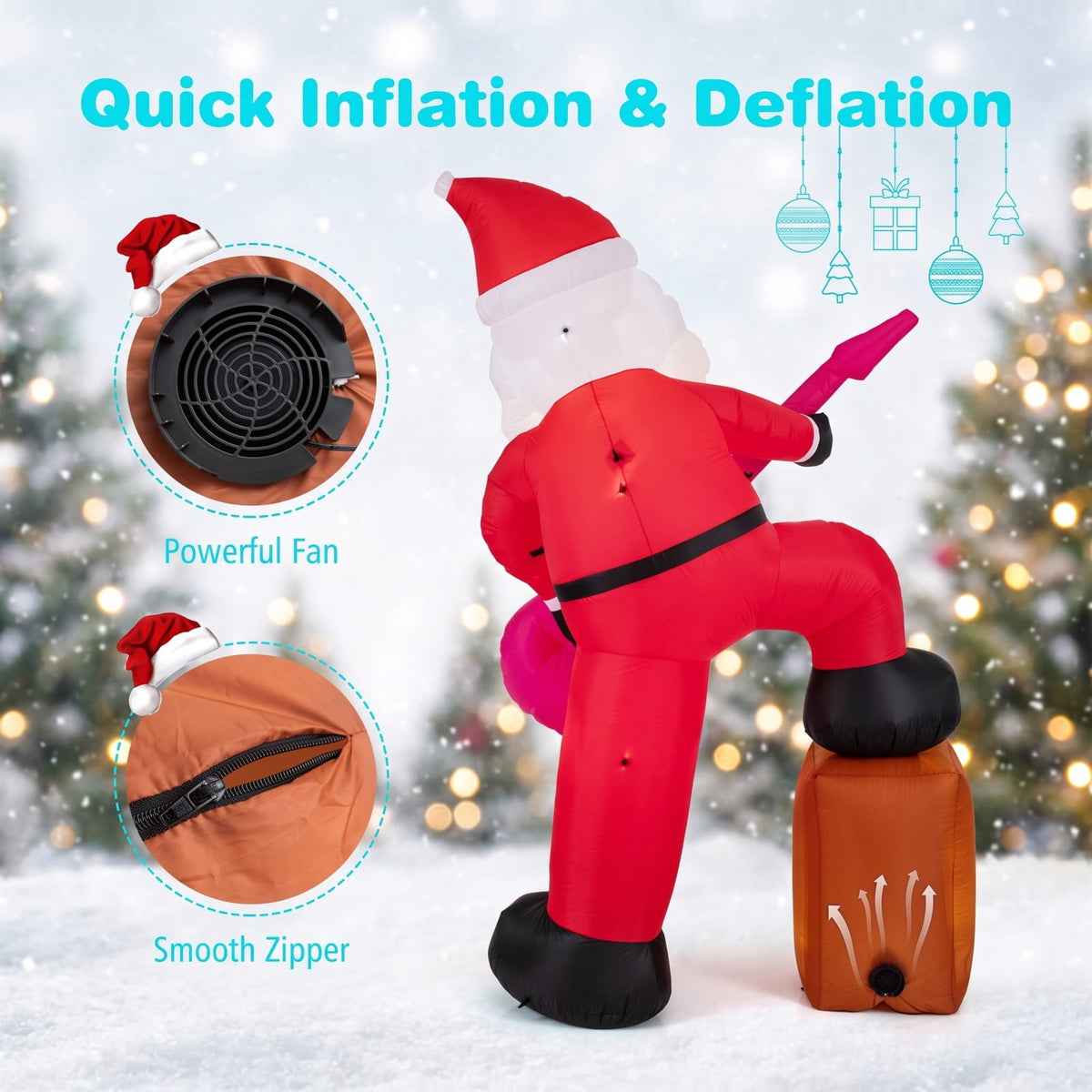 Airfind 8.4 ft Inflatable Santa Claus with Sound, 5ft x 4.6ft x 8.4ftNet Weight 4 lbs Footprint, Multi-colorMaterial Polyester FabricProduct