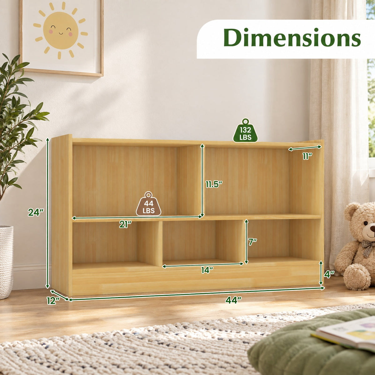 Airfind Kids 5-Cube Bookcase and Toy Storage Organizer, 2-Tier Low Shelf, 44 Inches Wide, for Playroom and Bedroom, Beige
