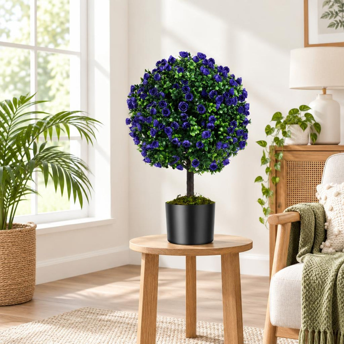 Airfind 22 Inch Set of 2 Artificial Purple Rose Topiary Ball Trees with Cement-Filled Pot, PE PP Cement Overall Height 22 Inch, Purple