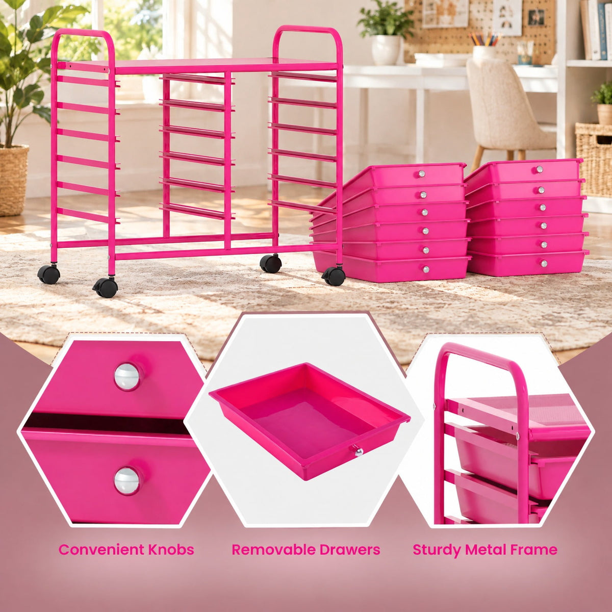 Airfind 12 Drawers Rolling Storage Cart for Home and Office, Steel Frame, 25inx15inx 34in Footprint, Pink