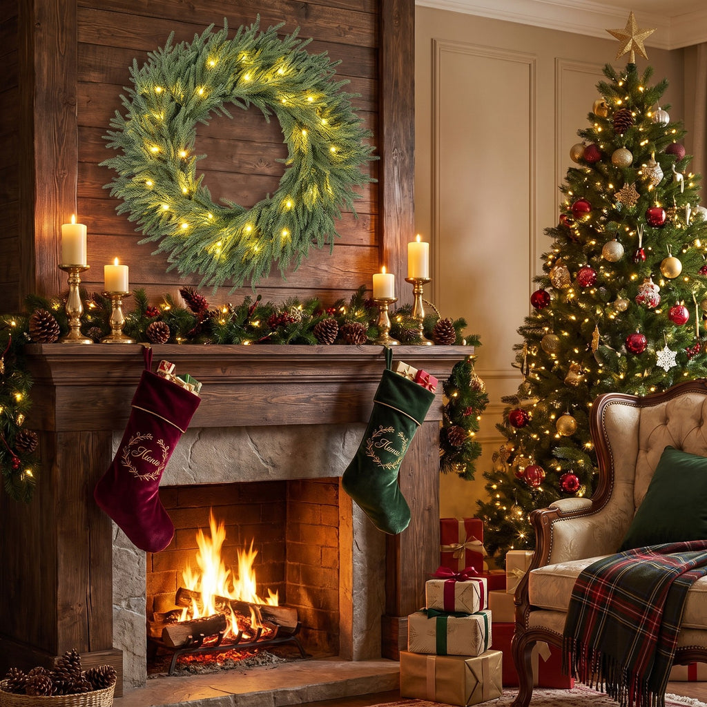 Airfind 24 Inch Pre-lit Christmas Wreath with 108 Branch Tips and 35 Warm White LED Lights for Wall Window-1 piece, TPE Metal Frame, White