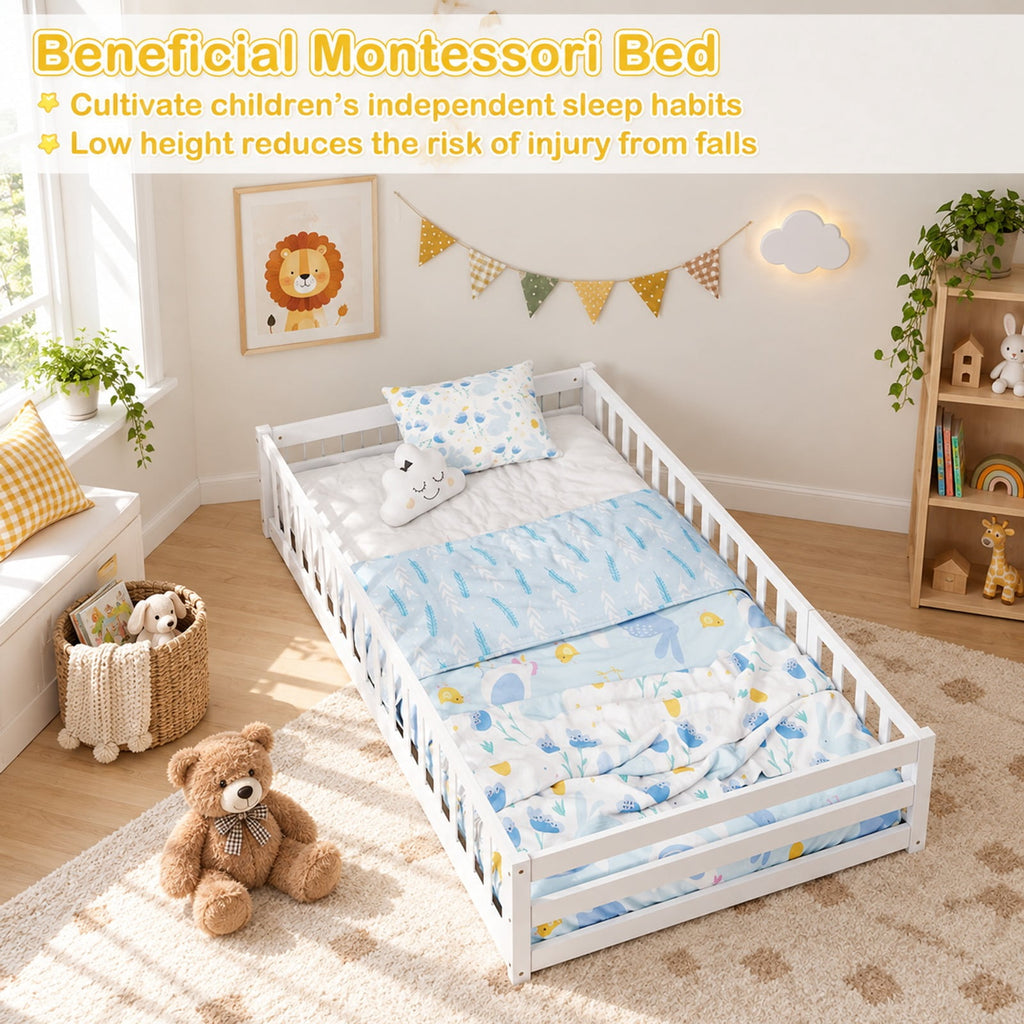Airfind Twin Size Montessori Floor Bed with Lockable Door and Full-Length Guardrail, Solid Wood Plywood Frame, 78.5 x 45 x 66.5 Footprint, White