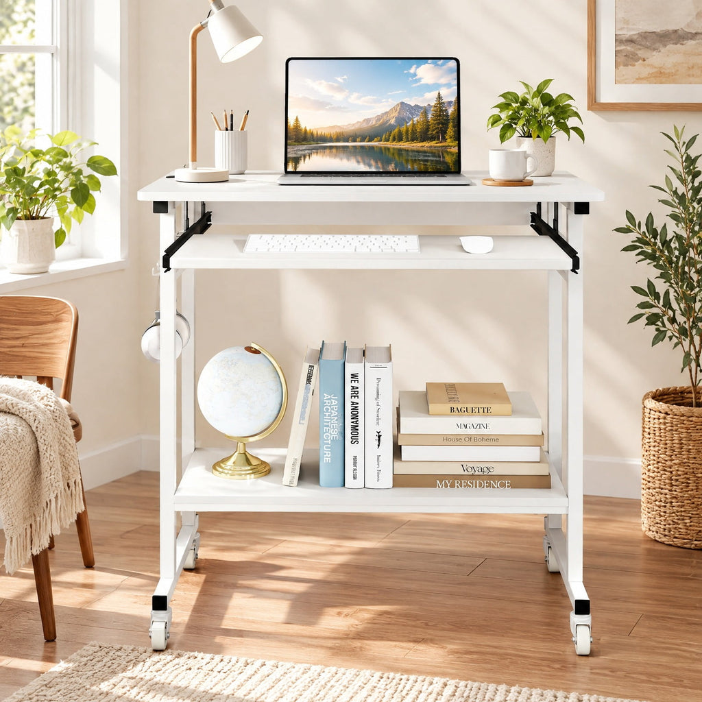 Airfind Rolling Laptop Table with Pull-out Keyboard Tray and Hooks, Engineered Wood Metal Frame, 31.5 x 19.5 x 31 Footprint, White