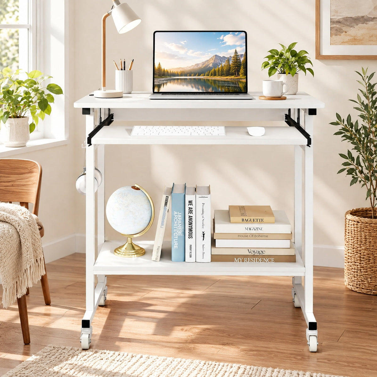 Airfind Rolling Laptop Table with Pull-out Keyboard Tray and Hooks, Engineered Wood Metal Frame, 31.5 x 19.5 x 31 Footprint, White