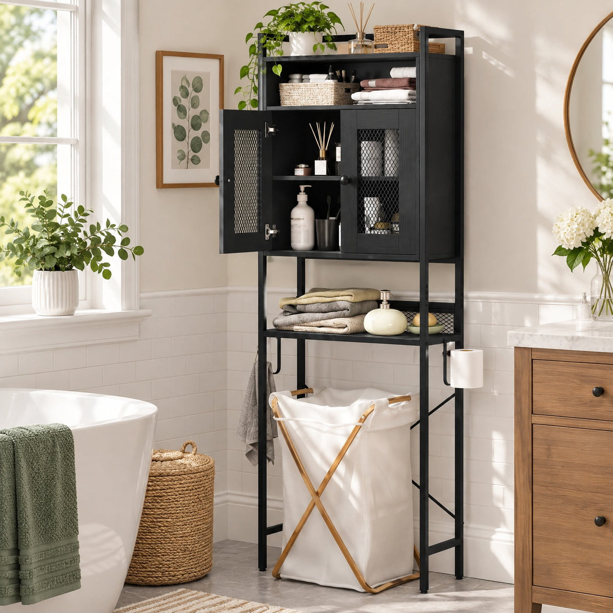 Airfind Over-the-toilet Storage Cabinet featuring Heavy-duty Metal Frame 2-door Freestanding, Engineered Wood Metal Frame, Black