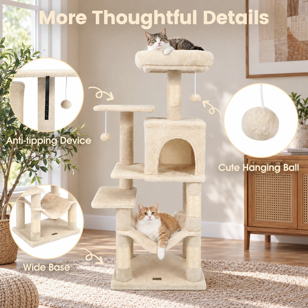Airfind Multi-Level Cat Tower with 2-Door Condo and Padded Top Perch, PP Cotton Fabric Sisal Engineered Wood Overall Height 44 Base Frame, Beige