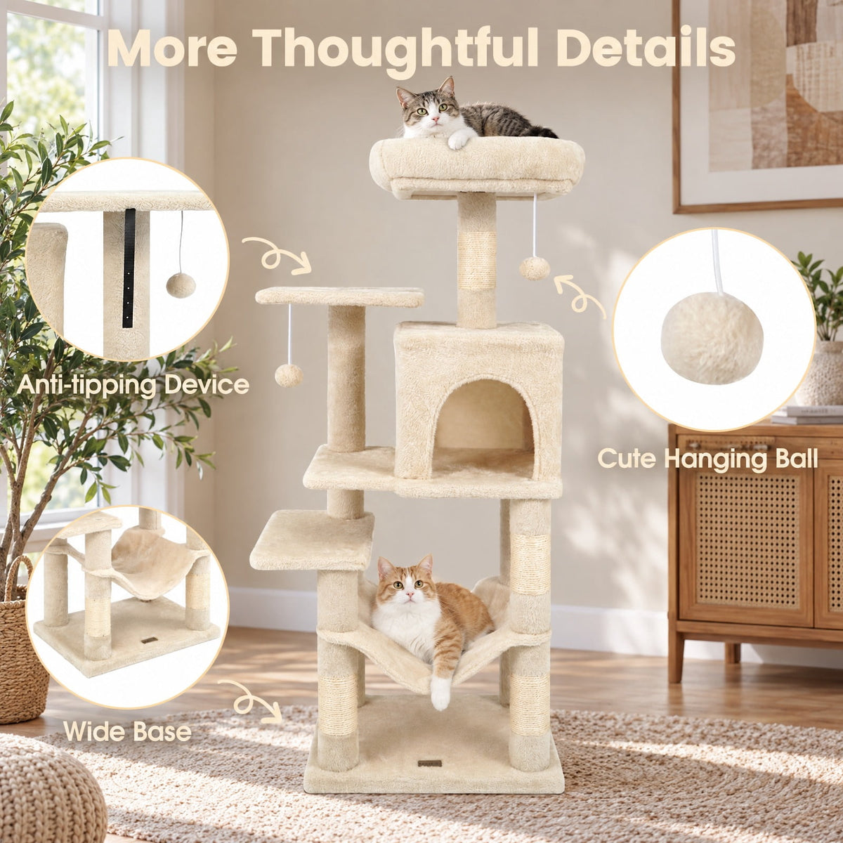 Airfind Multi-Level Cat Tower with 2-Door Condo and Padded Top Perch, PP Cotton Fabric Sisal Engineered Wood Overall Height 44 Base Frame, Beige