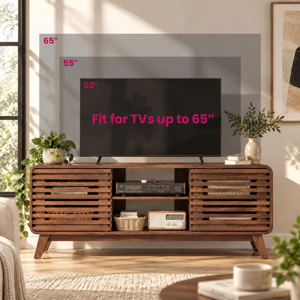 Airfind Mid Century Modern Entertainment Center with Grille-style Sliding Doors for Living Room, 100 lbs Capacity, MDF Engineered Wood Frame, Walnut