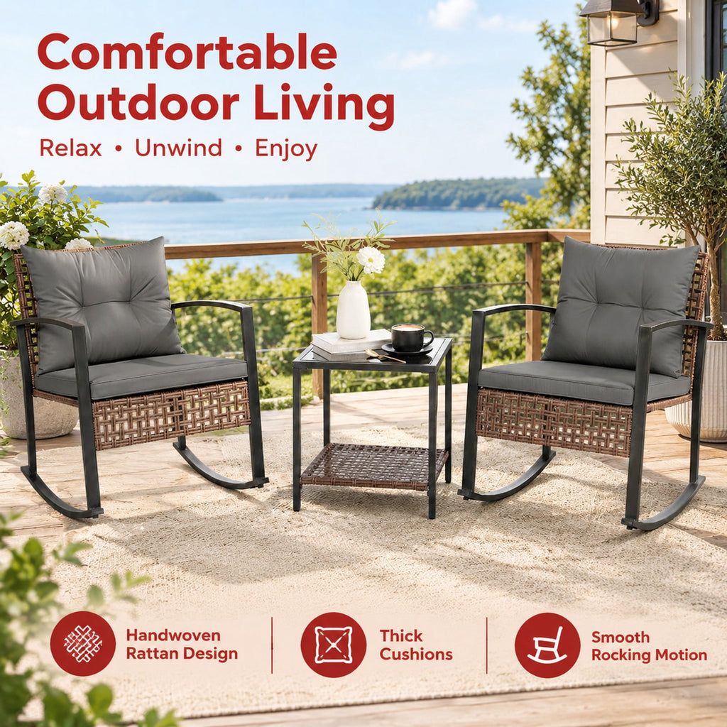 Airfind 3-Piece Outdoor Rocking Chair Set, 100 lbs Capacity, PE Rattan Metal Glass Polyester Non-woven Fabric Sponge Frame, Gray