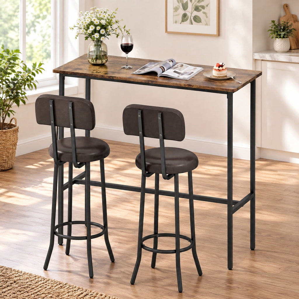 Airfind 3-Piece Industrial Bar Table Set with 2 Upholstered Stools and Footrests for Dining Room, 220 lbs Capacity, 40 × 16 × 36 Footprint, Brown