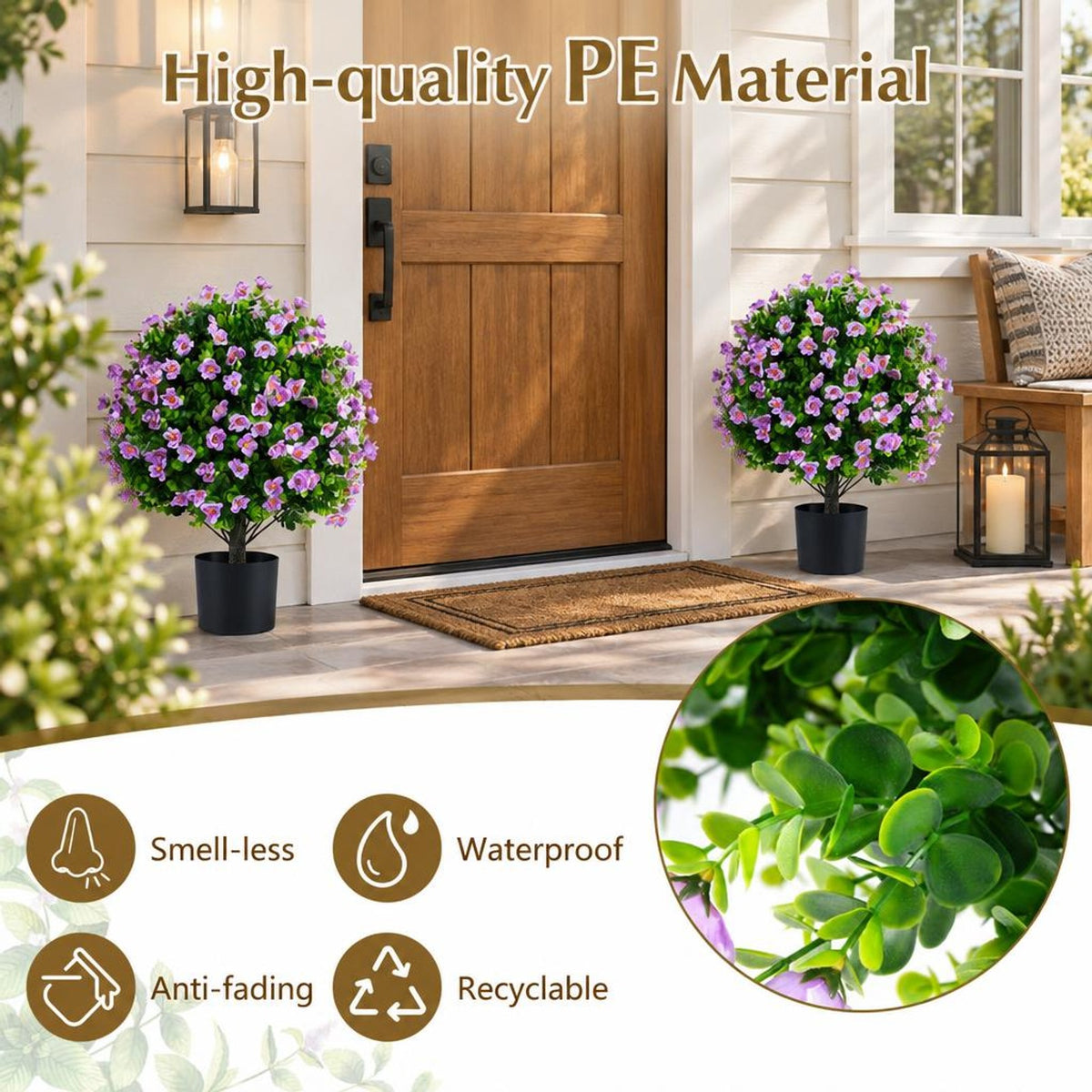 Airfind 2 Pack Artificial Eucalyptus Topiary Trees with Flowers and Cement Planter for Home, PE PP Cement Foam Frame, Purple