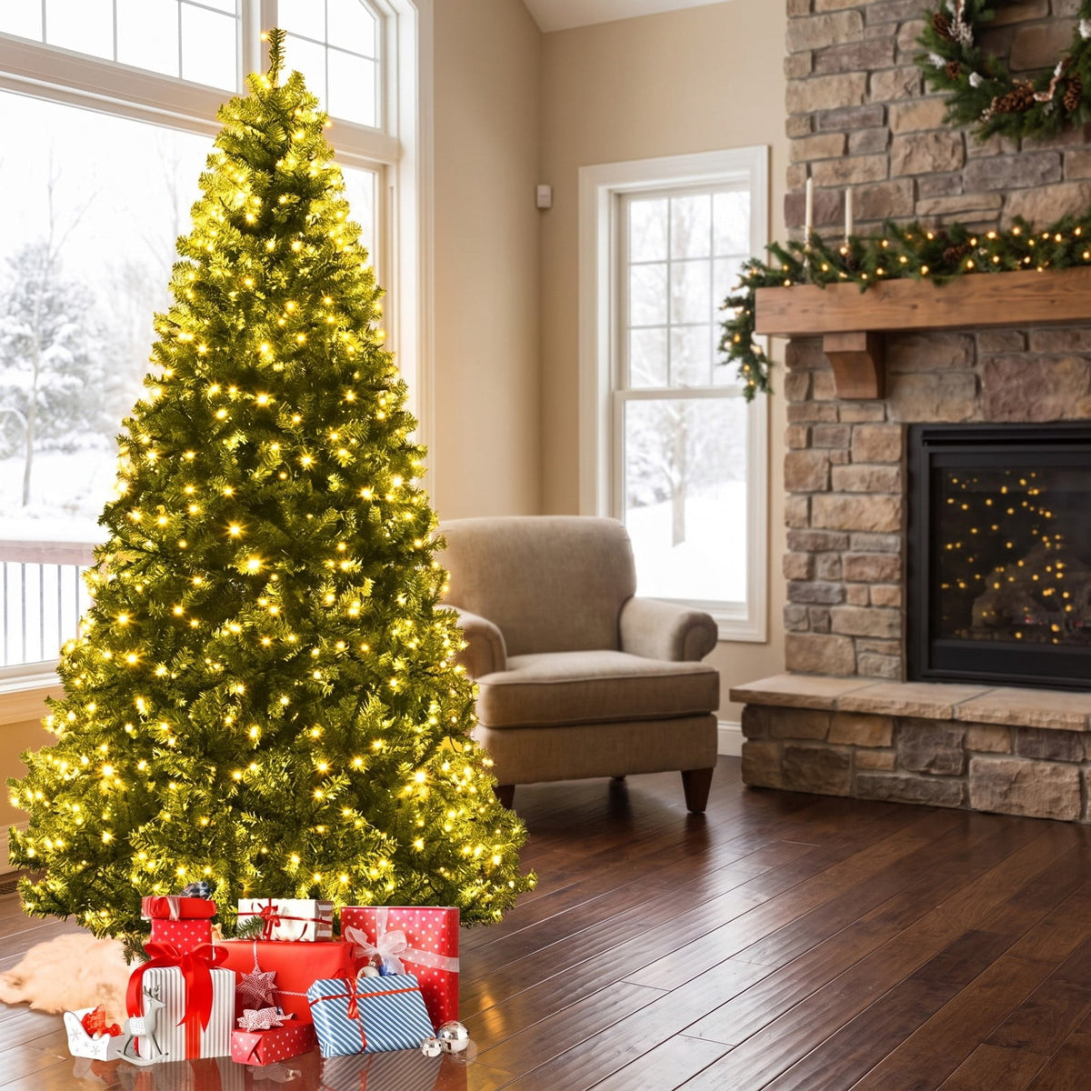 Airfind Artificial Premium Hinged Christmas Tree-8 Feet, PVC Frame, 0.9in x 1.6in x 2in Footprint, Green Adapter: UL-certified