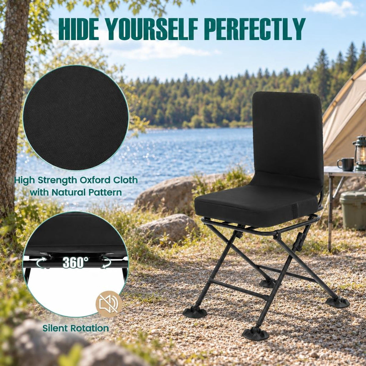 Airfind Swivel Folding Chair with Backrest and Padded Cushion, Sponge Steel Oxford Fabric PVC Frame, 19 Inch x 22 Inch x 35 Inch Footprint, Black
