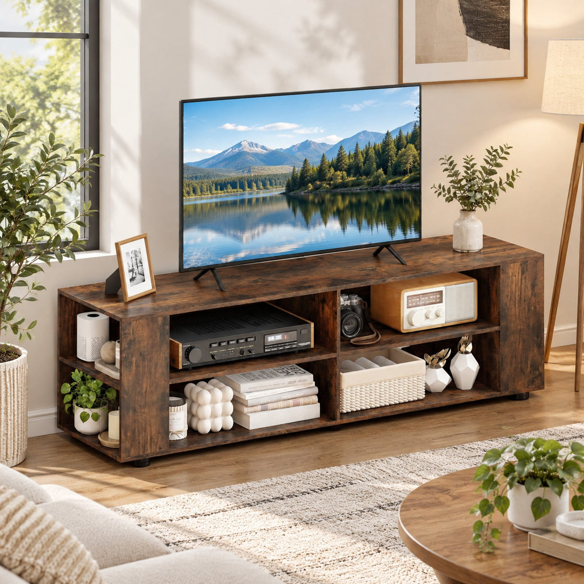 Airfind 59 Inch Console Storage Entertainment Media Wood TV Stand, 110 Lbs Capacity, Engineered Wood MDF Plastic, Walnut