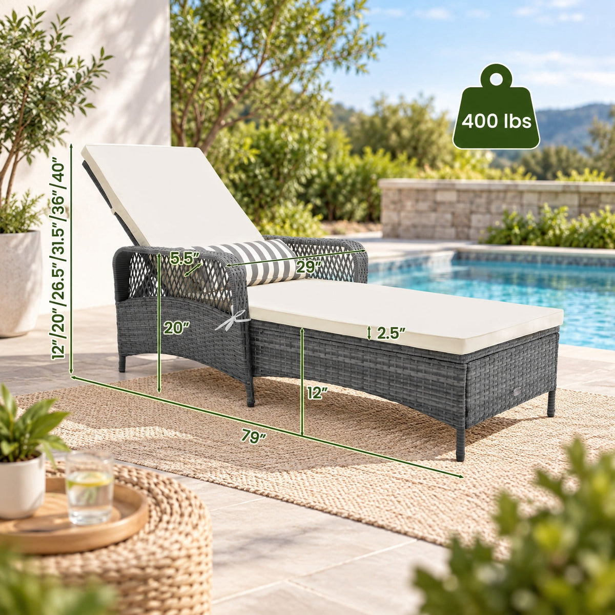 Airfind Outdoor Chaise Lounge Chair Recliner with 6, 400 lbs Capacity, Metal PE Rattan Polyester Fabric Spray-bonded Non-woven Fabric Sponge Frame