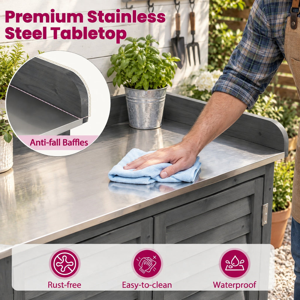 Airfind Wood Plant Workstation with Stainless Steel Tabletop and Removable Shelves, 110 lbs Storage Shelf Capacity, Fir Wood Stainless Steel Frame