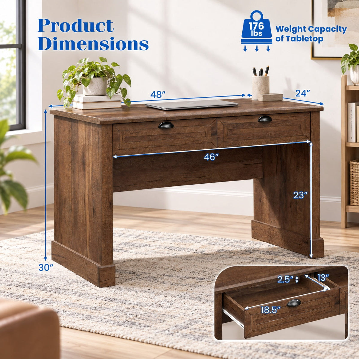 Airfind Executive Desk, 48 Inch Farmhouse, with 2 Drawers for Studying and Writing, 48 Inch x 24 Inch x 30 InchInterior Footprint, Brown