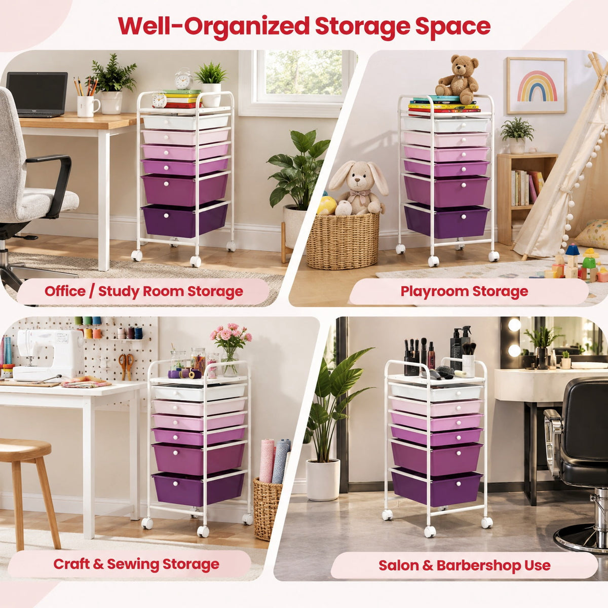 Airfind Multifunctional 6 Drawers Rolling Storage Cart Organizer, Steel Frame, 17 x 13.5 x 30 Footprint, Purple
