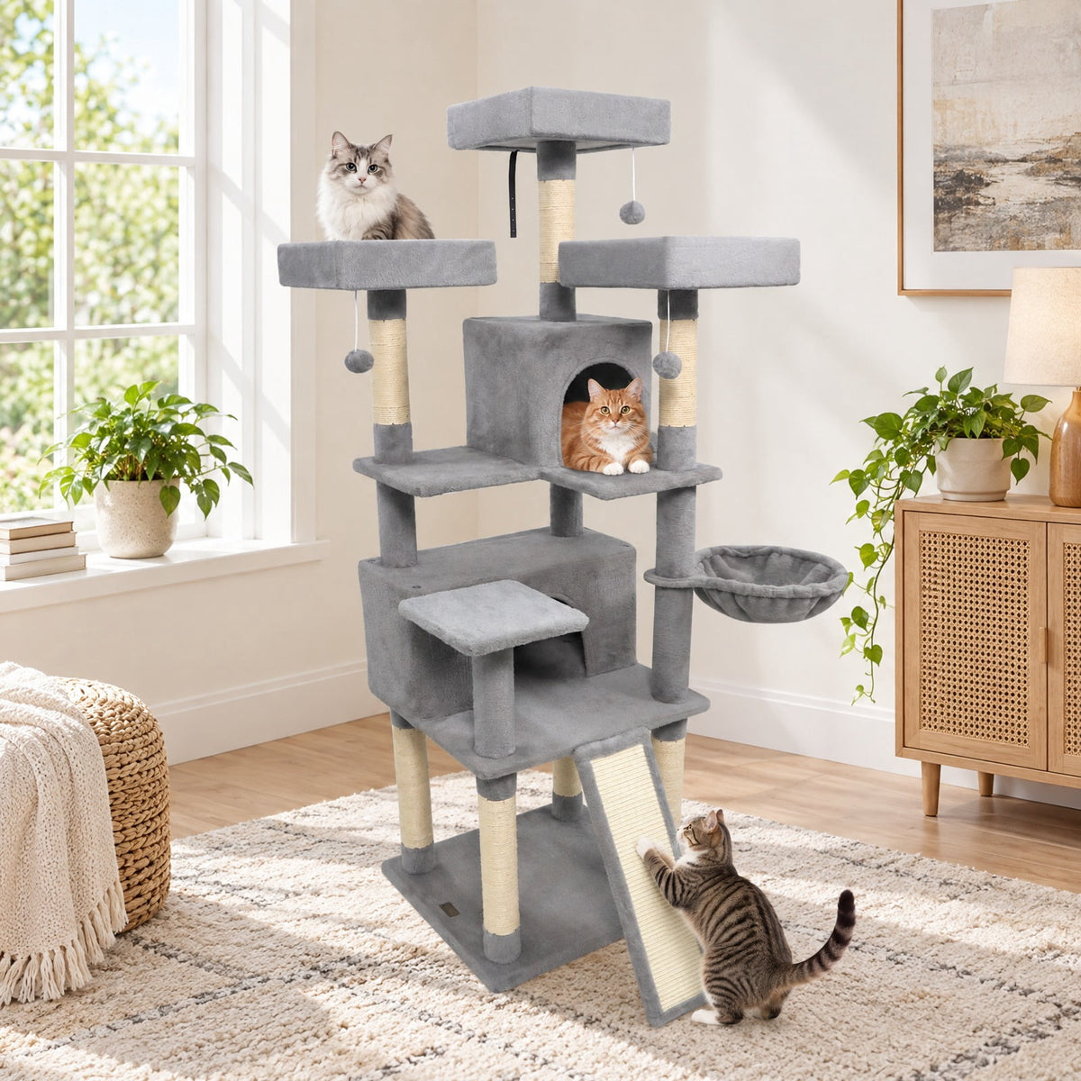 Airfind 65 Inch Tall Multi-level Cat Tree with 3 Upholstered Perch and 2 Cat Condos, Fabric Sisal Engineered Wood Overall Height 65 Inch Base Frame