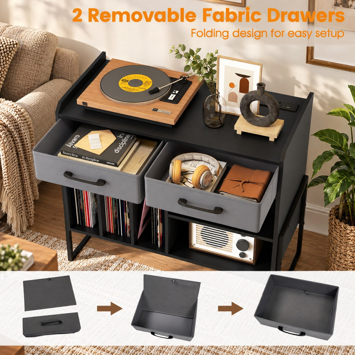 Airfind Large Record Player Stand with Charging Station Mid Century Modern Vinyl Storage Cabinet, 209 lbs Capacity, 30in x 14in x 27in Inside Footprint