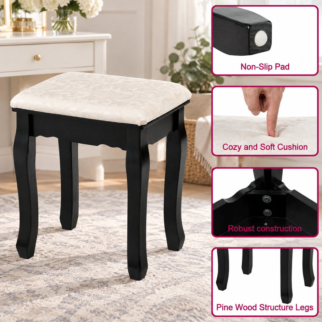 Airfind 3 Drawers Lighted Mirror Vanity Dressing Table Stool Set, Pine PE plastic MDF Frame, 30 Inch x 16 Inch x 55 Inch (L x W x H) The Footprint, Black