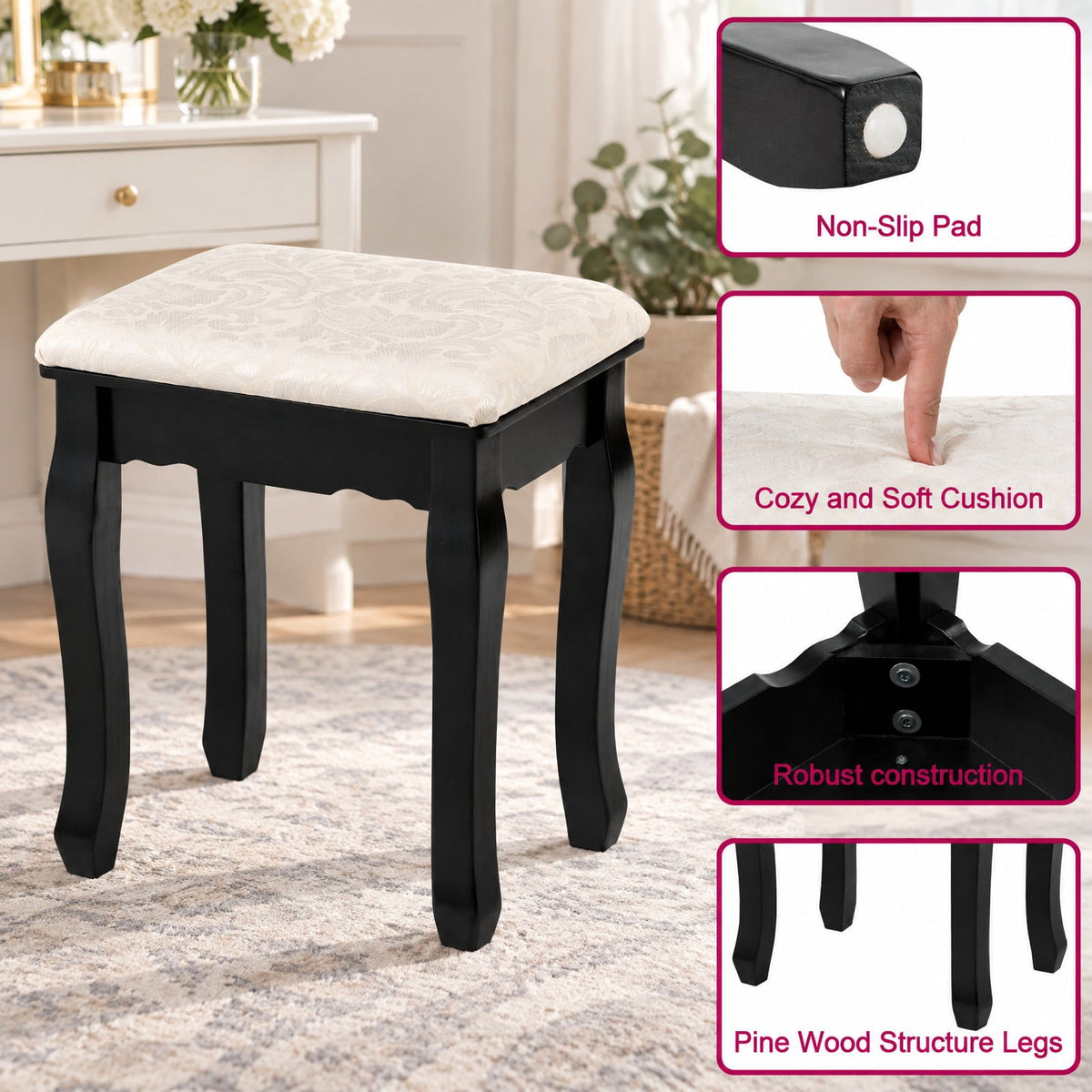 Airfind 3 Drawers Lighted Mirror Vanity Dressing Table Stool Set, Pine PE plastic MDF Frame, 30 Inch x 16 Inch x 55 Inch (L x W x H) The Footprint, Black