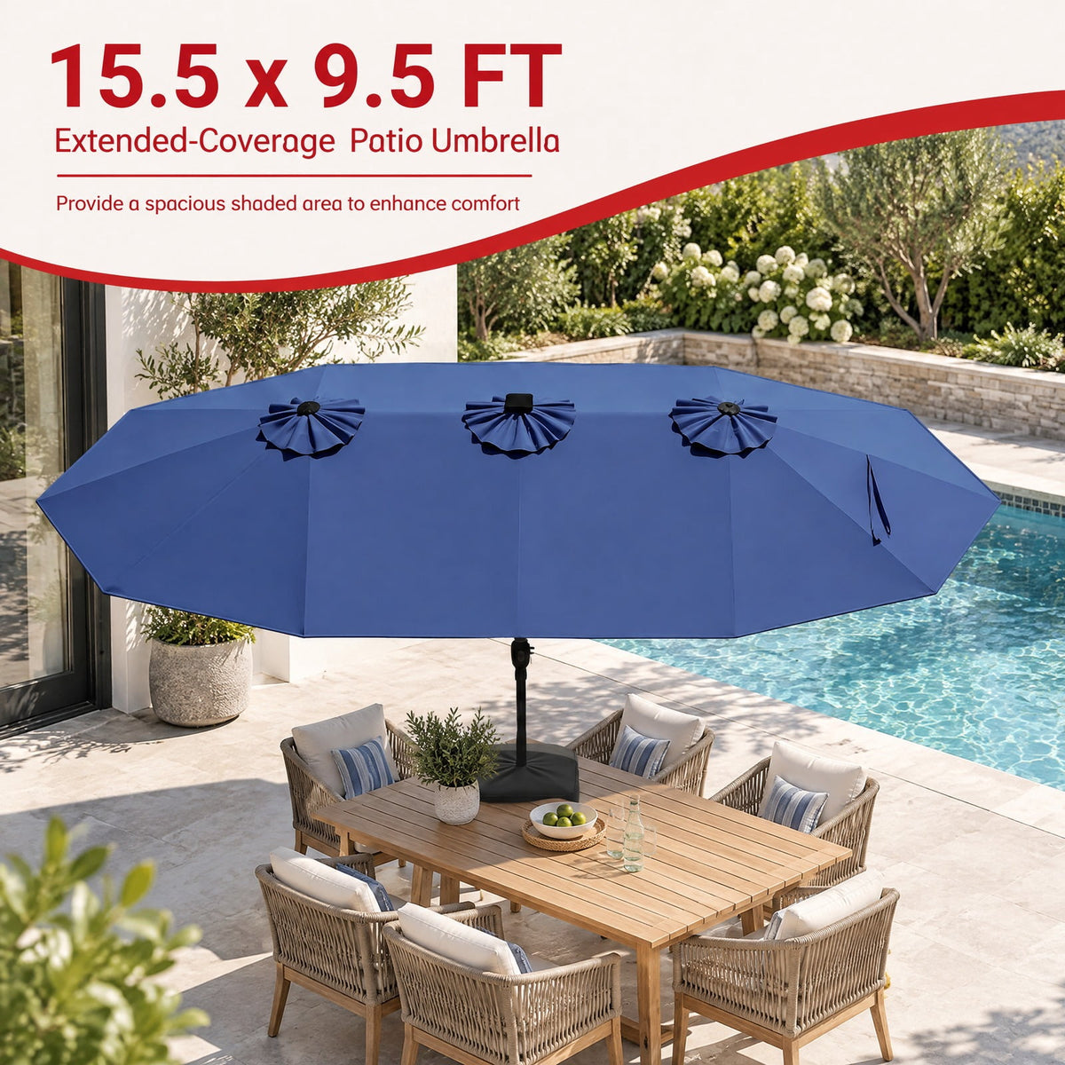 Airfind 15.5FT Extra-Large Patio Umbrella with Base 12 Reinforced Ribs, 180G Polyester Fabric Metal External Frame, Navy