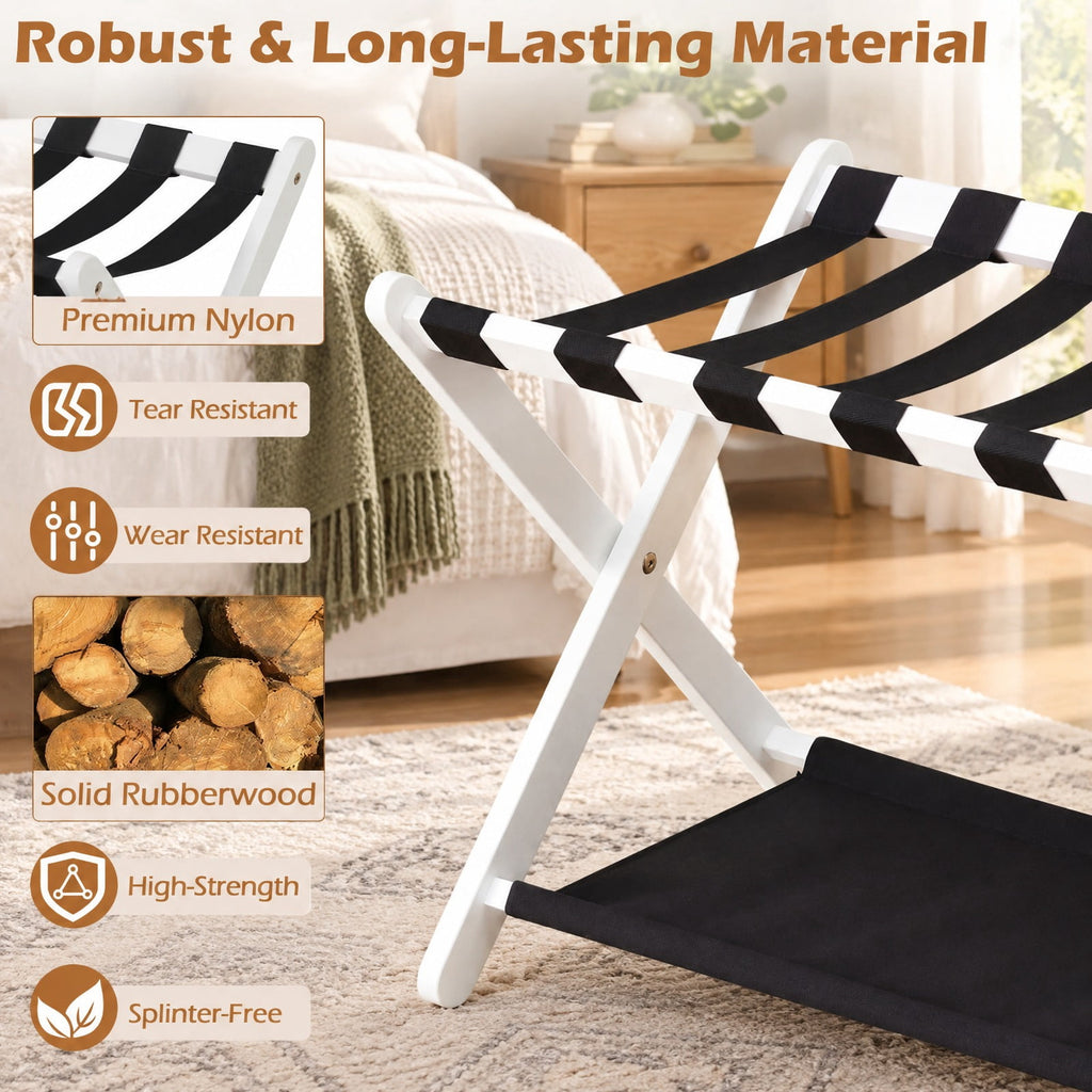 Airfind Solid Rubberwood Folding Luggage Rack with Nylon Shelves, 110 lbs Capacity, Rubberwood Nylon Frame, 26.5 x 18 x 20.5 Footprint, White