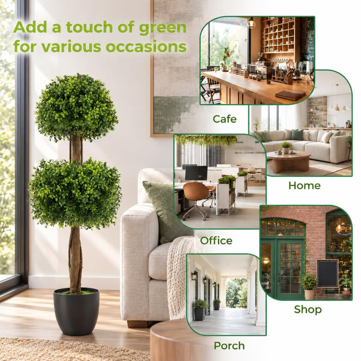 Airfind 40 Inch Artificial Boxwood Topiary Ball Tree for Front Porch Patio Home, PP Cement PE for Convenient Everyday Use, Green