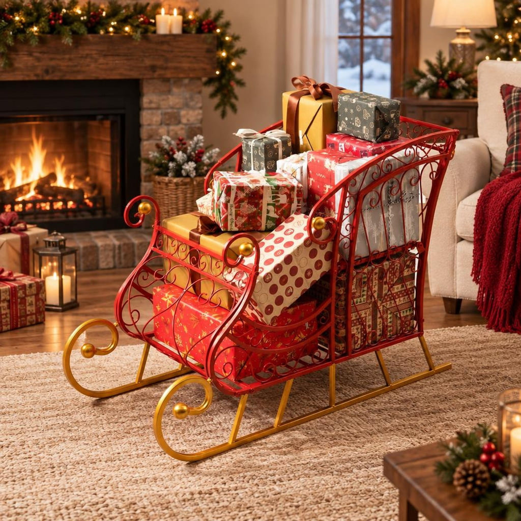 Airfind Metal Christmas Santa Sleigh Basket 2-Tier Xmas Santas Gift Storage Sleigh, 33 Lbs Capacity, Metal, 33.5 Inch X 16.5 Inch X 24.5 Inch, Red