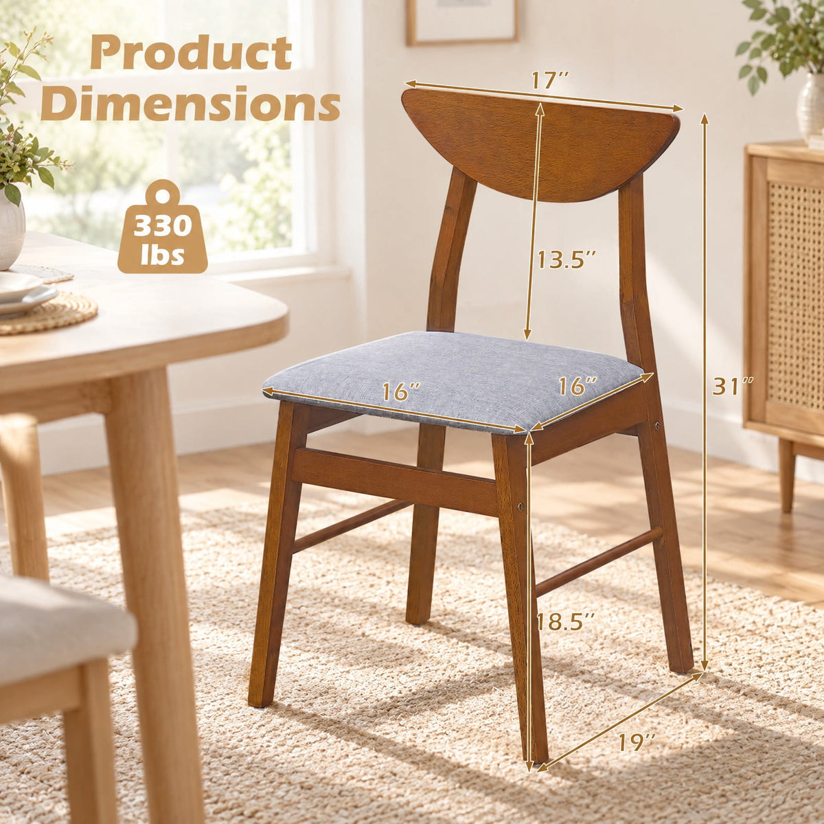 Airfind Set of 2 Upholstered Dining Chairs with Curved Backrest and Rubber Wood Frame, 330 lbs Capacity, Rubber Wood Frame, Walnut