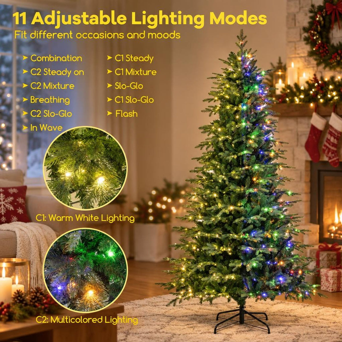 Airfind 9 Ft Pre-lit Artificial Christmas Tree with 560 Color-changeable LED Lights, 1770 Branch Tips, Remote Control, Green
