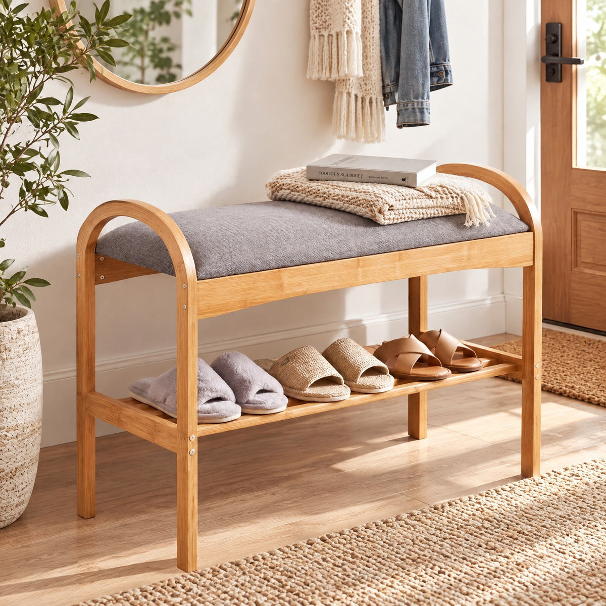 Airfind 2-Tier Bamboo Shoe Bench with Padded Cushion and Shelf, 330 lbs Capacity, Bamboo Polyester Fabric Sponge Frame, Gray